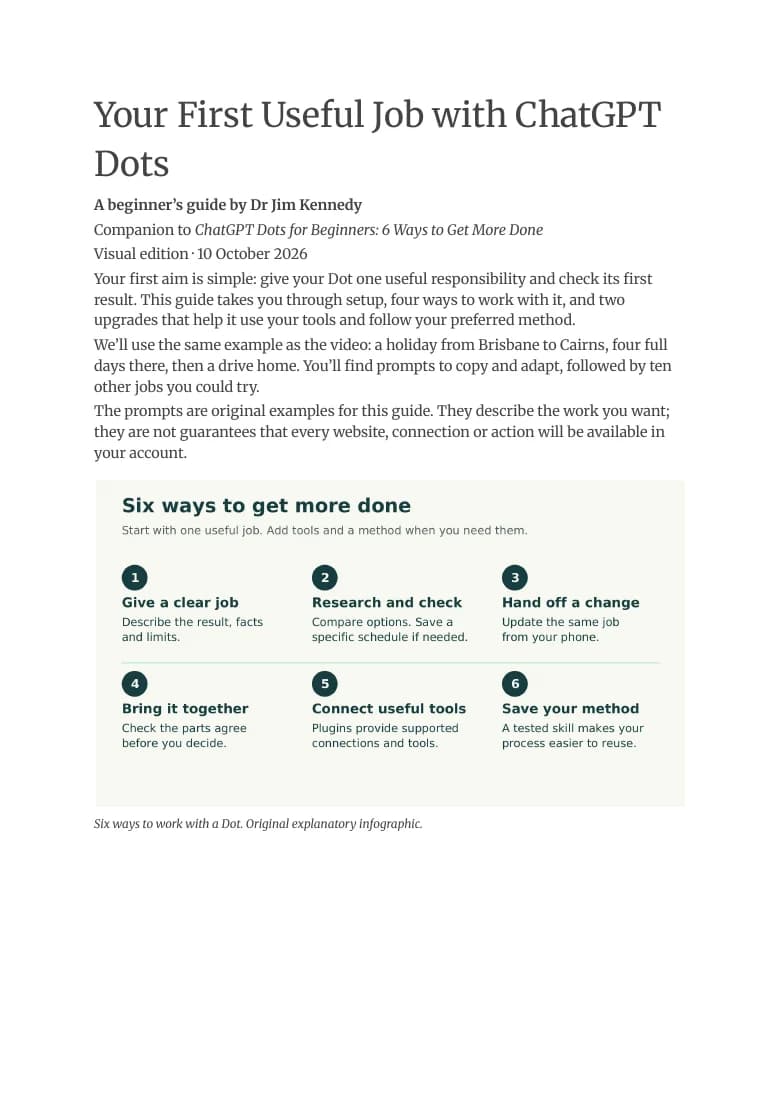 First page of the guide: Your First Useful Job with ChatGPT Dots, including the six ways to get more done illustration